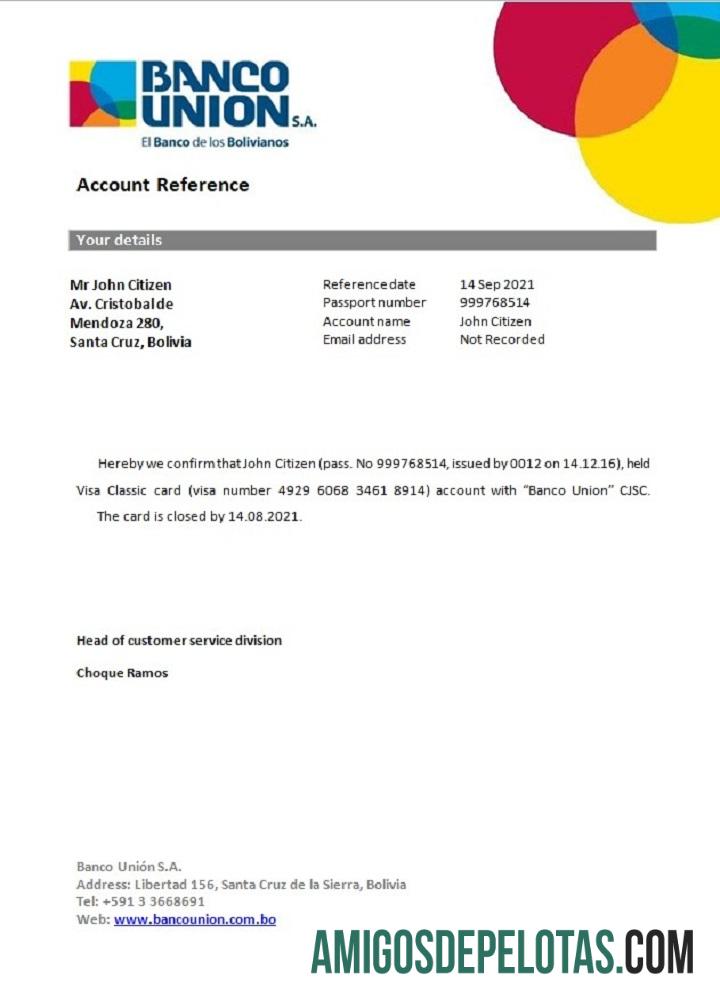 Referência de fechamento do Bolivia Banko Union exemplo real